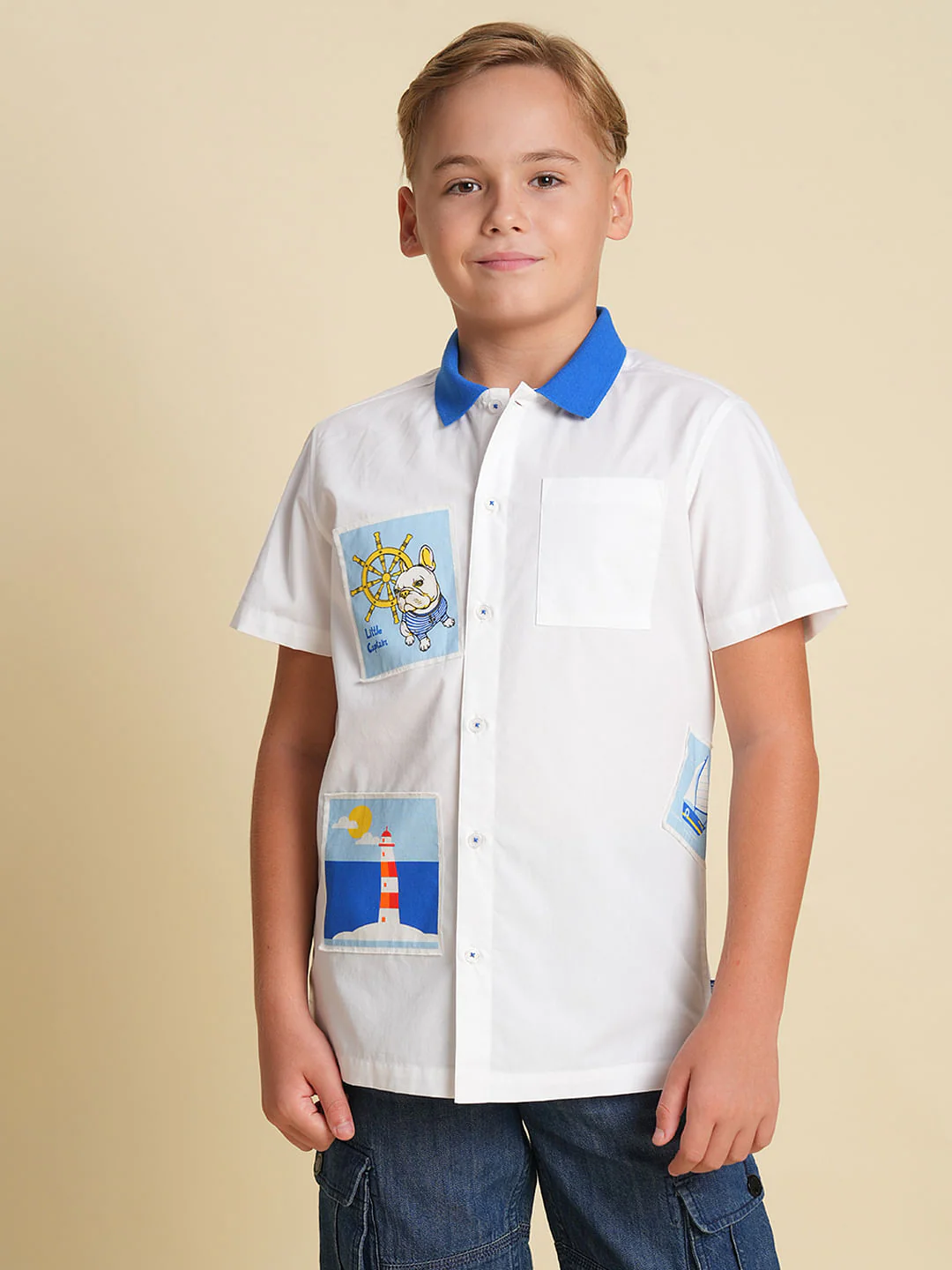 Boys White Printed Cotton Shirt - Image 2