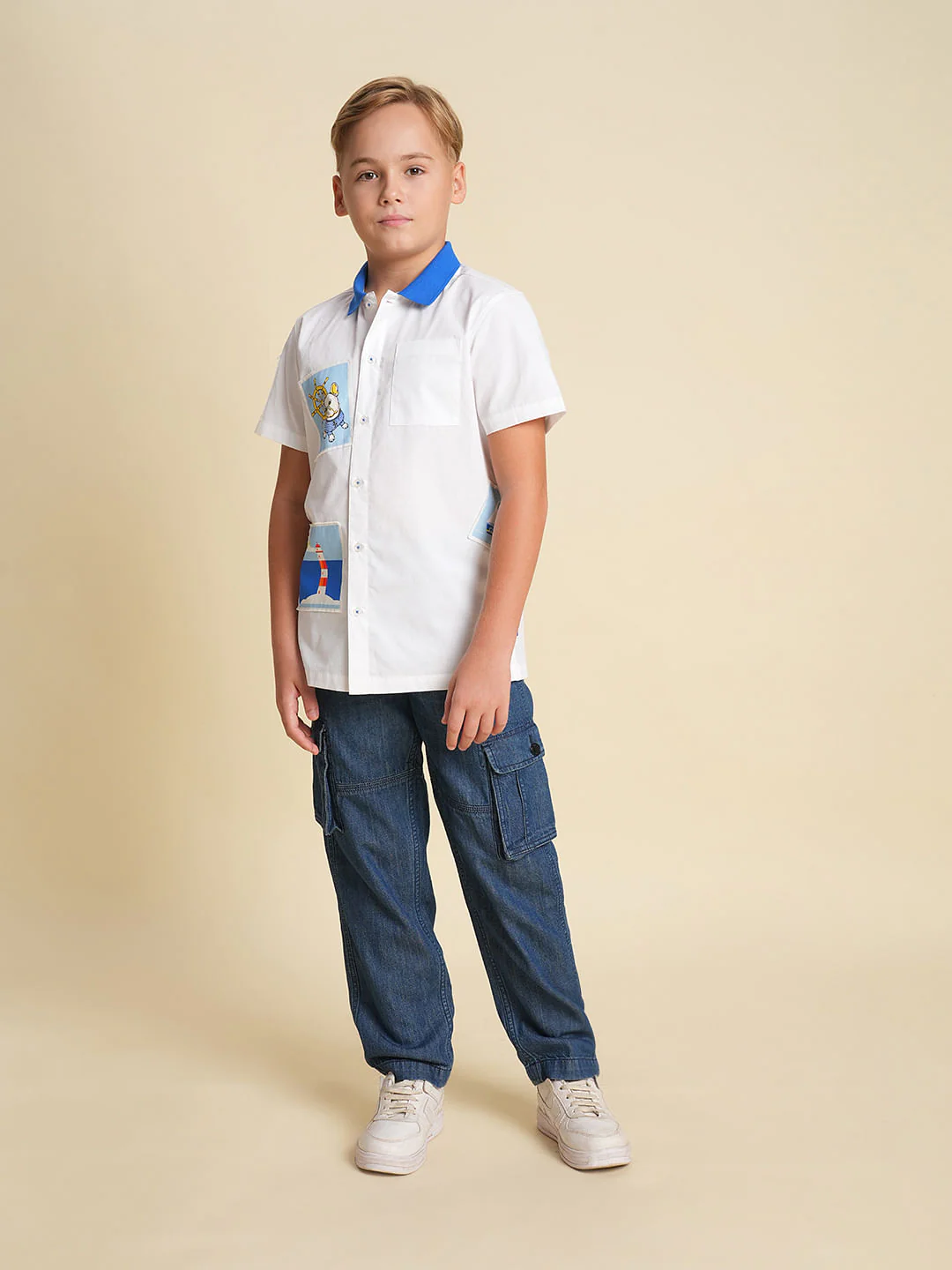 Boys White Printed Cotton Shirt - Image 5