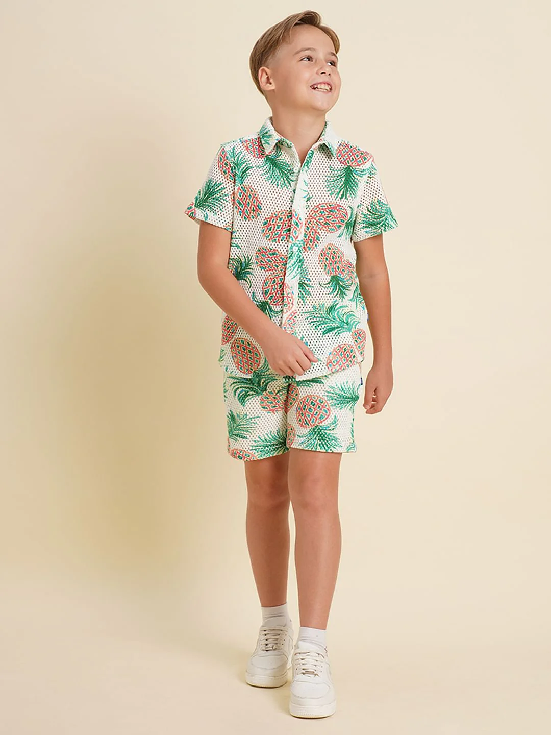 Boys White Pineapple Print Co-ord Set Shirt - Image 5