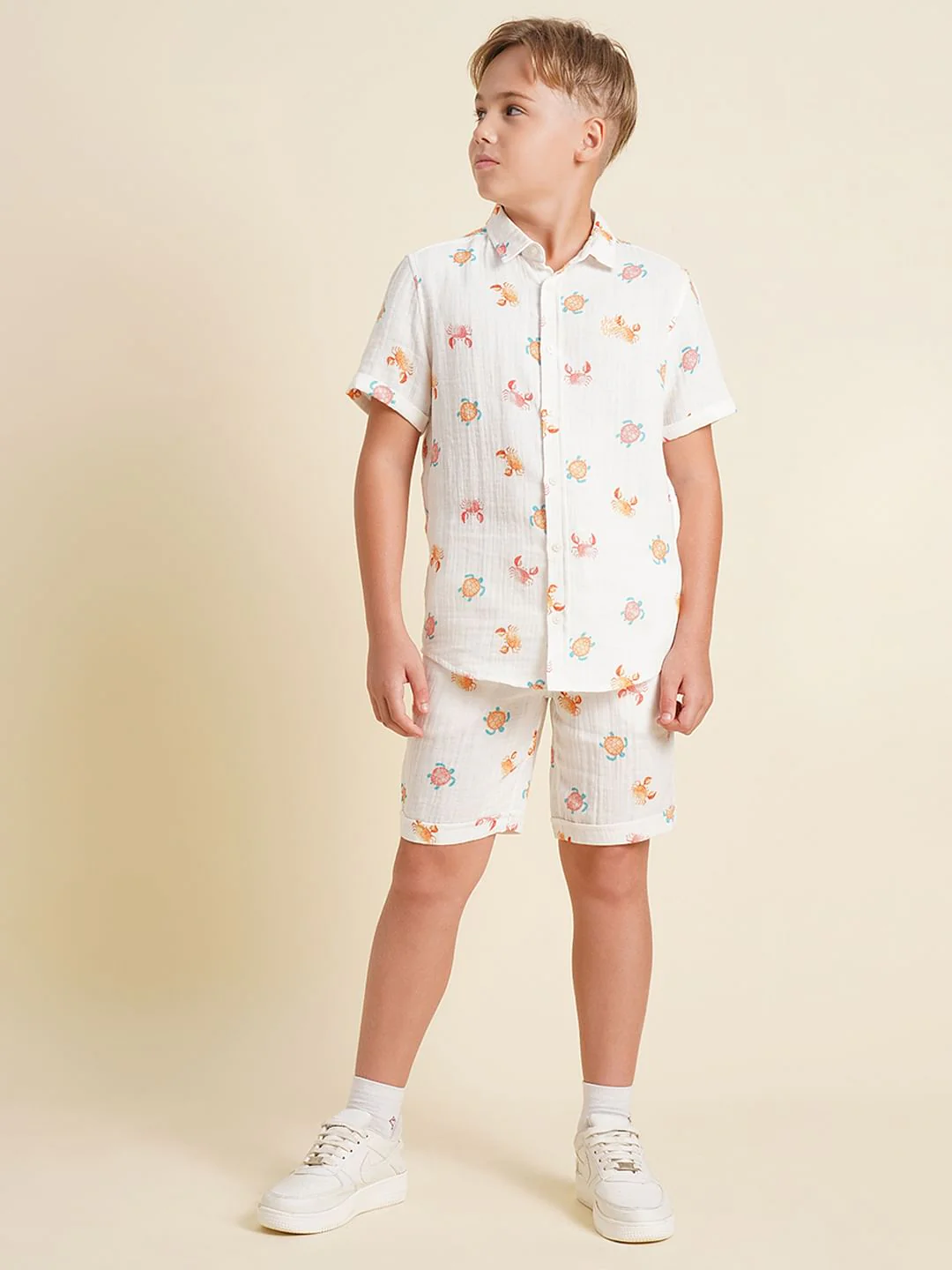 Boys White Printed Co-ord Set Shirt - Image 5