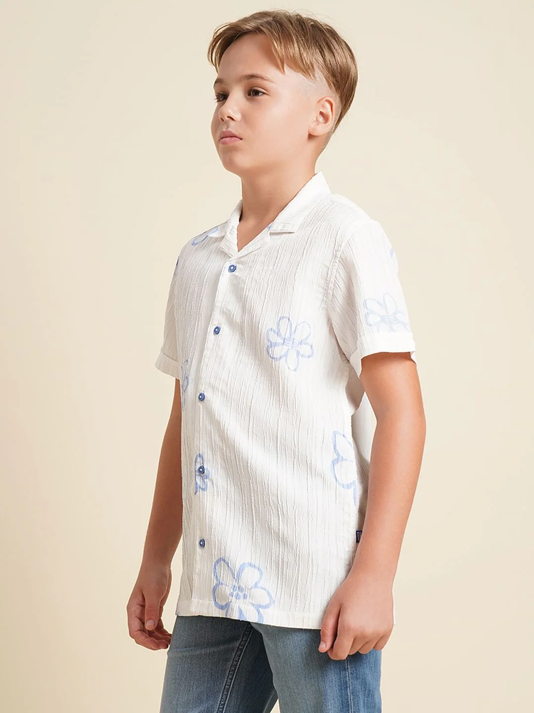 Boys White Printed Cotton Shirt - Image 3