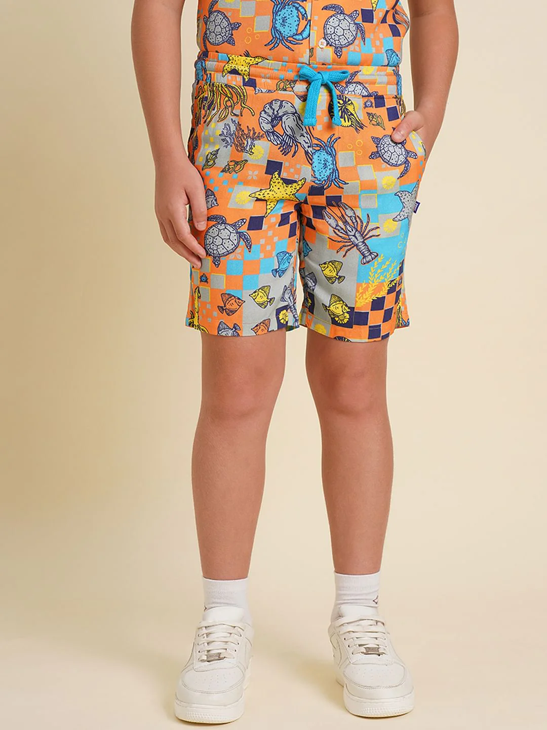 Boys Orange Printed Co-ord Set Shorts - Image 2