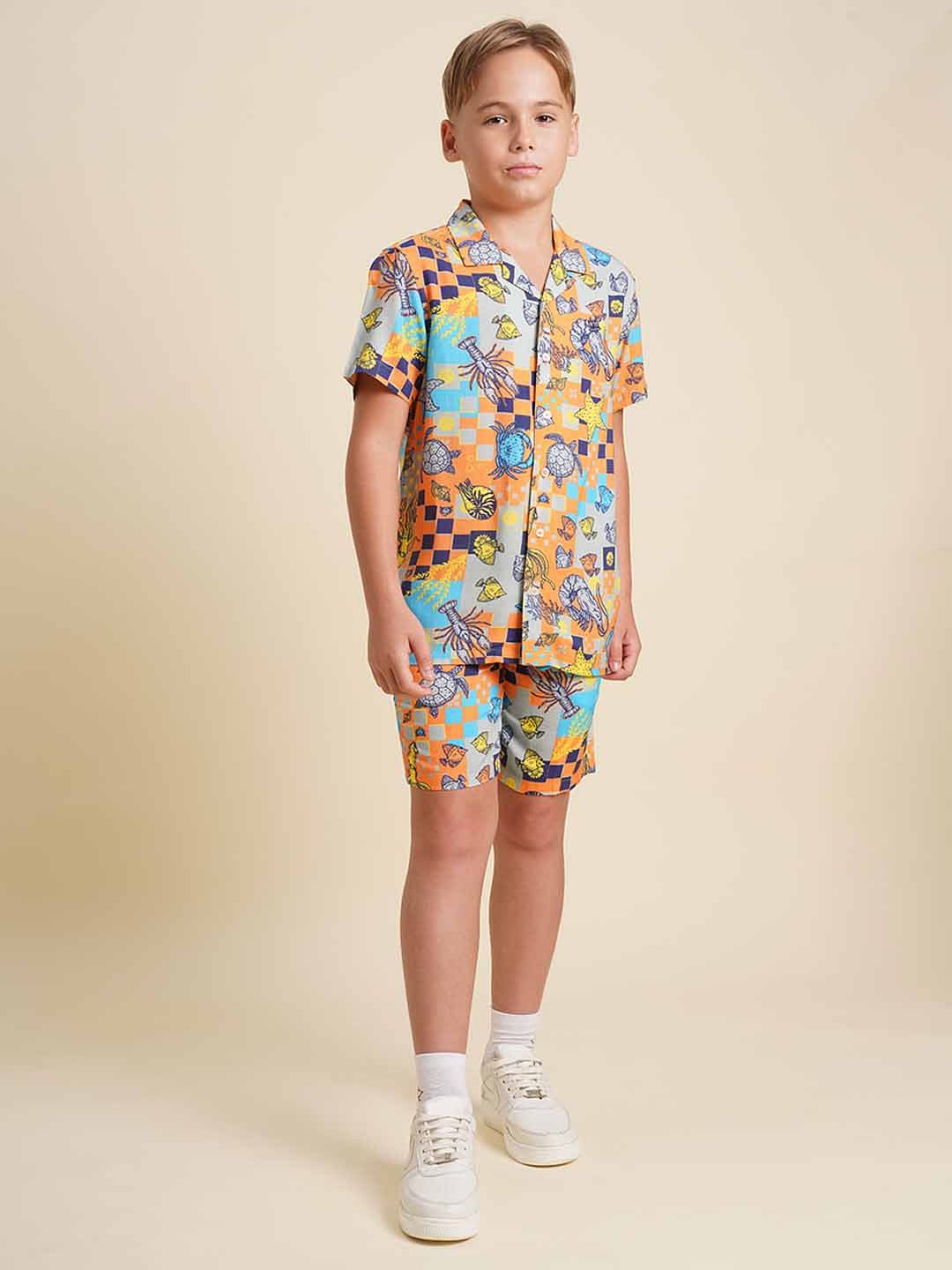 Boys Orange Printed Co-ord Set Shorts - Image 5