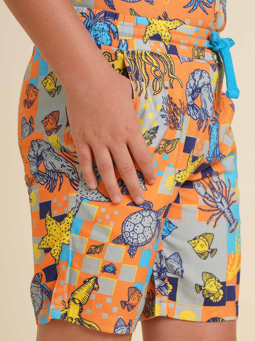 Boys Orange Printed Co-ord Set Shorts - Image 6