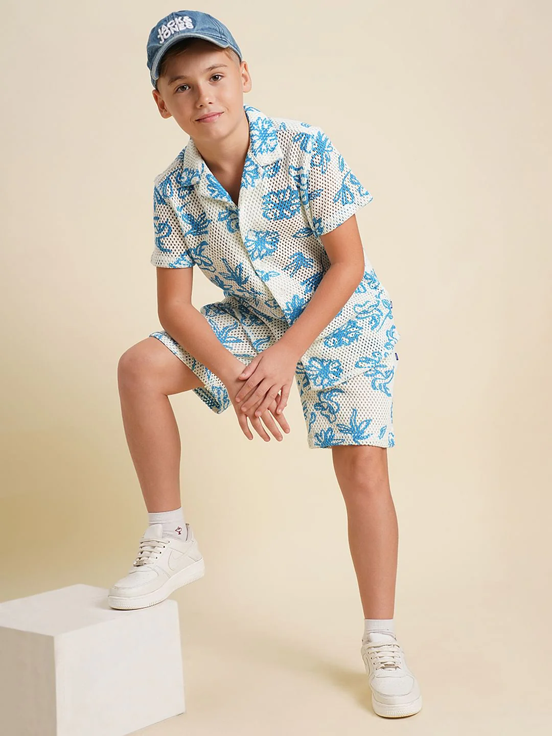 Boys Blue Printed Cotton Shorts