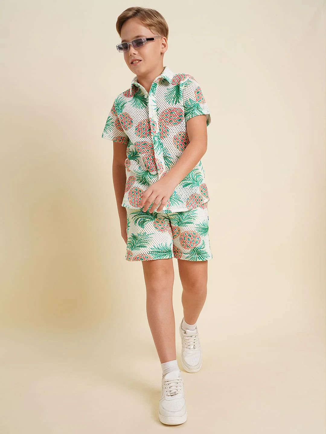 Boys White Pineapple Print Co-ord Set Shorts