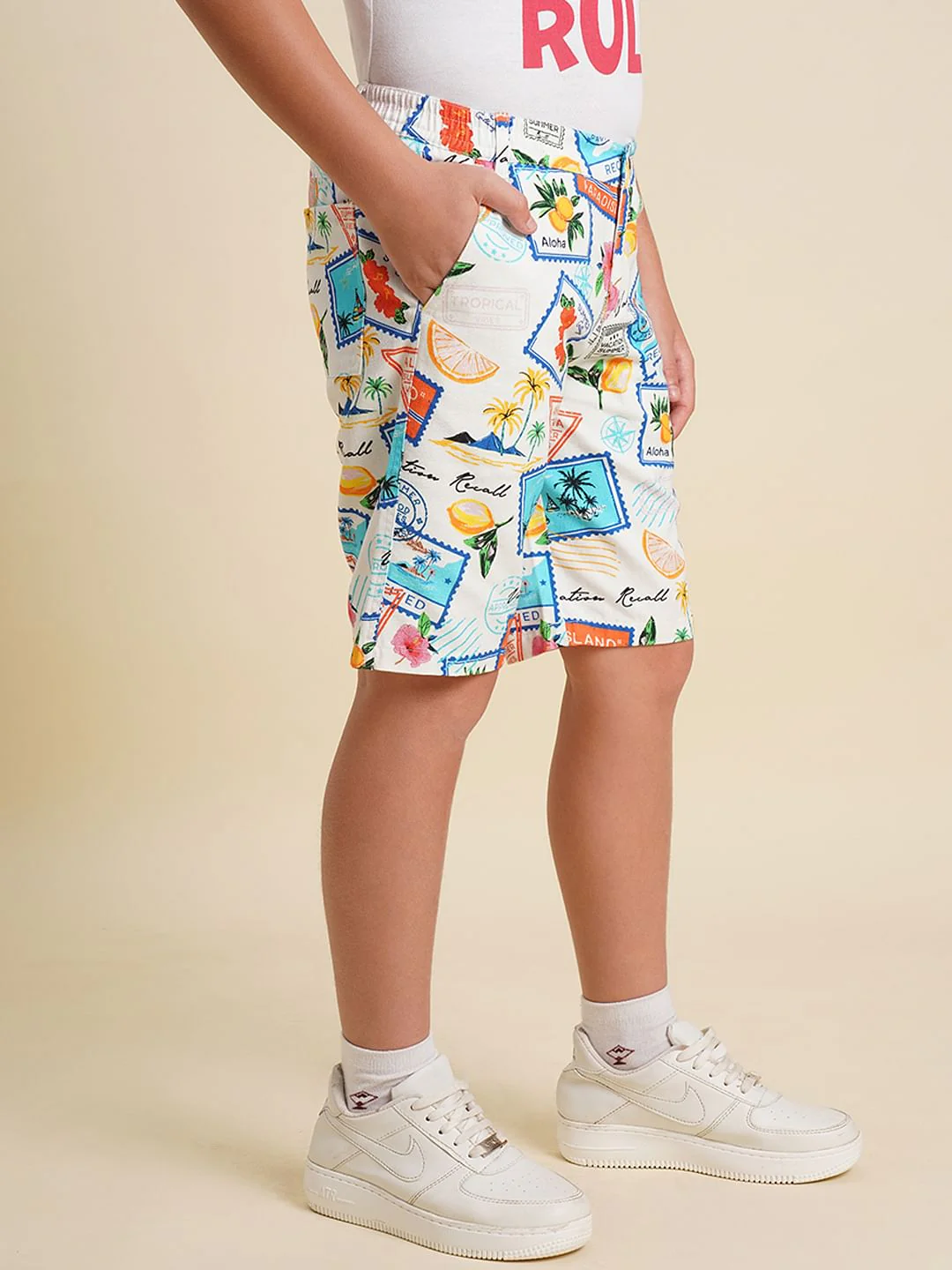 Boys White Stamp Print Co-ord Set Shorts - Image 3