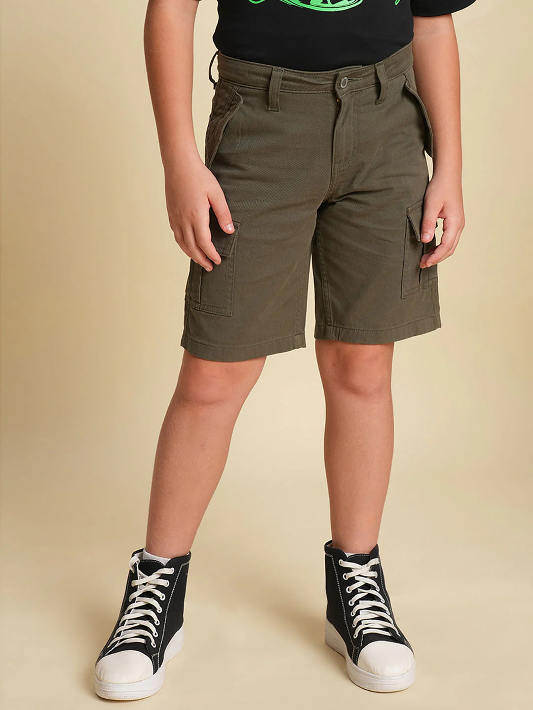 Boys Olive Cotton Casual Shorts - Image 2