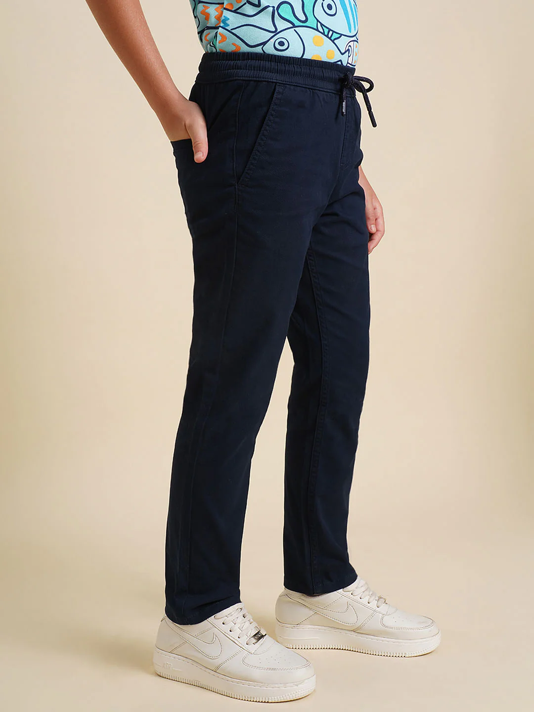 Boys Dark Blue Mid Rise Cotton Pants - Image 3