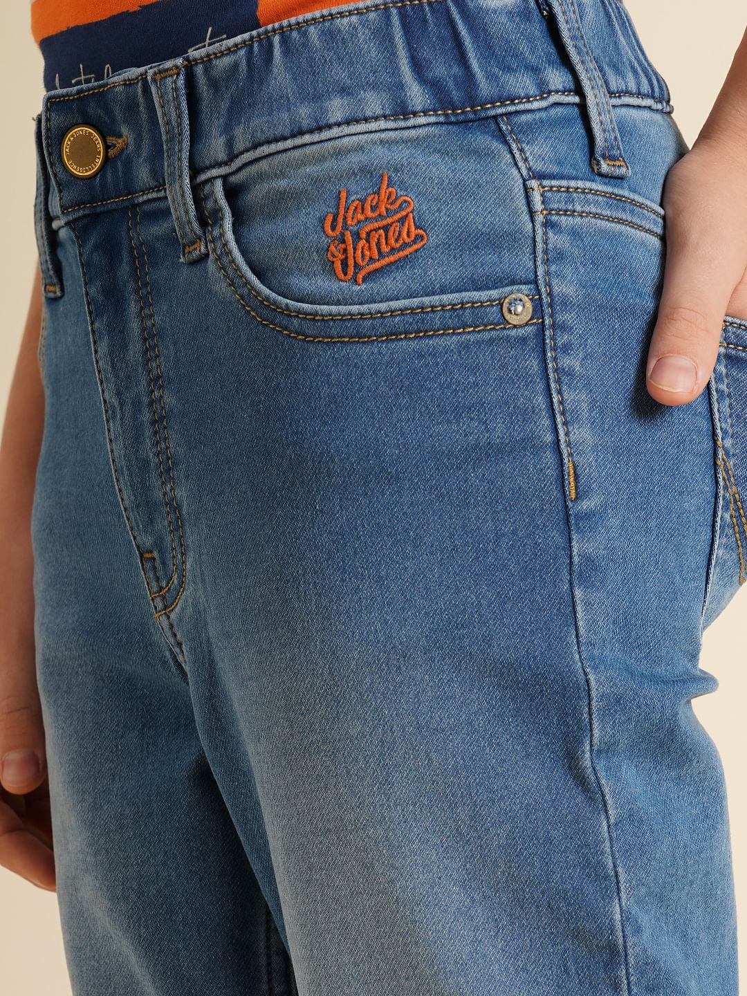 Boys Blue Washed Cotton Straight Fit Jeans - Image 6