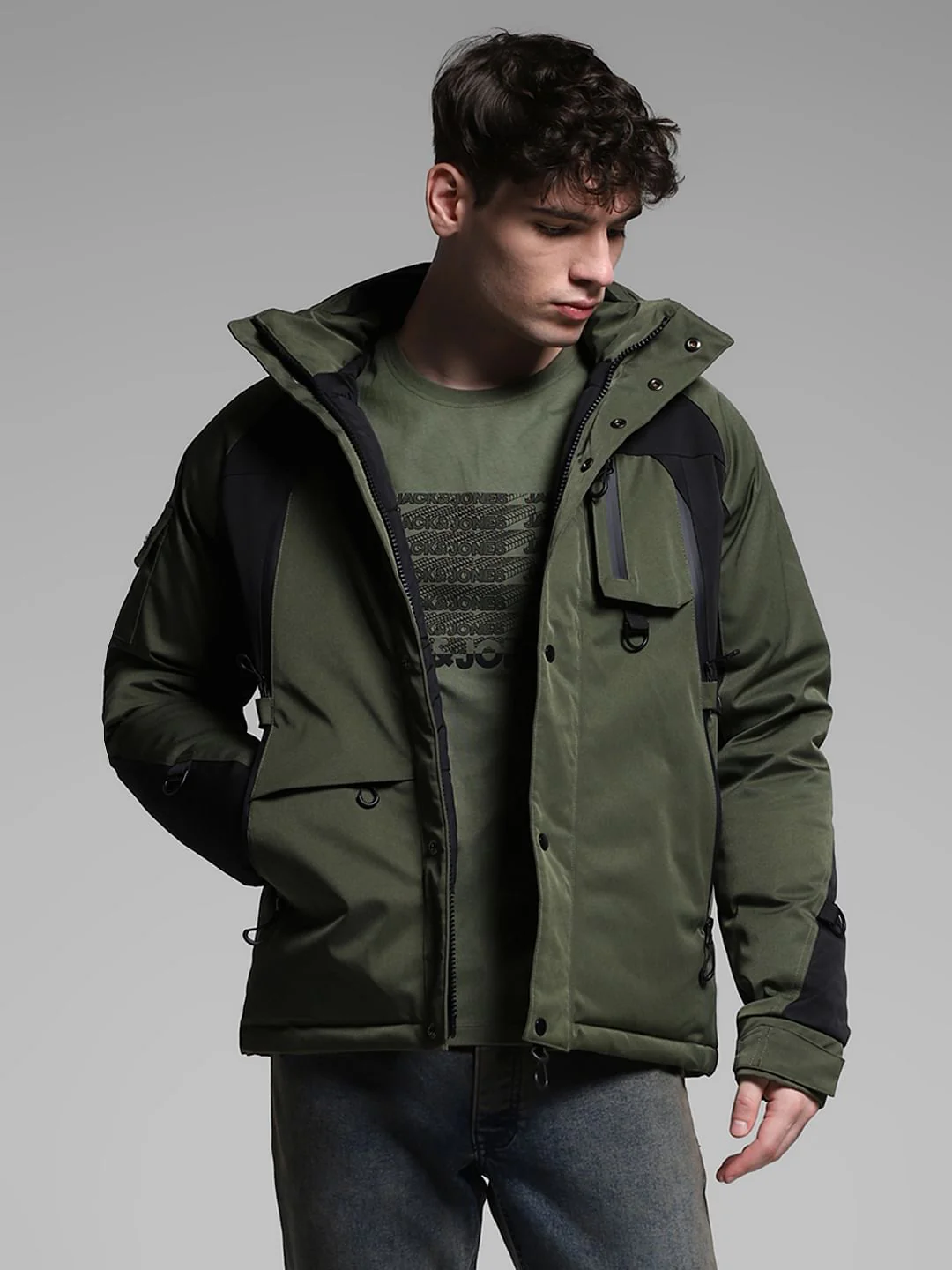 Green Colourblocked Hooded Jacket - Image 2
