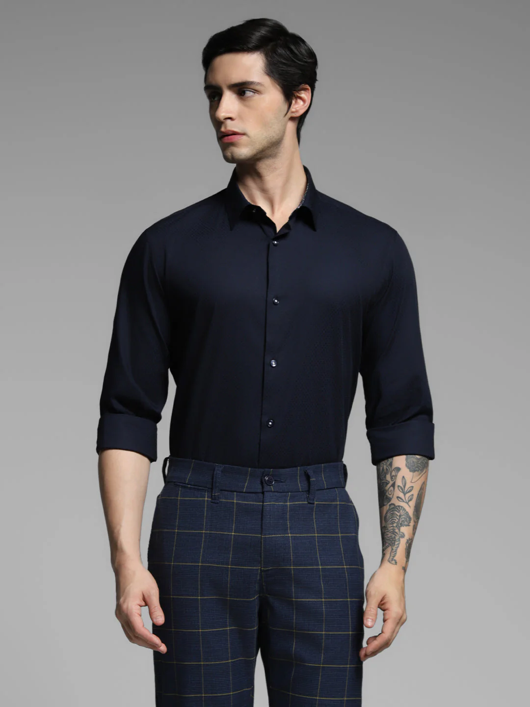 Navy Blue Dobby Cotton Slim Fit Shirt - Image 2