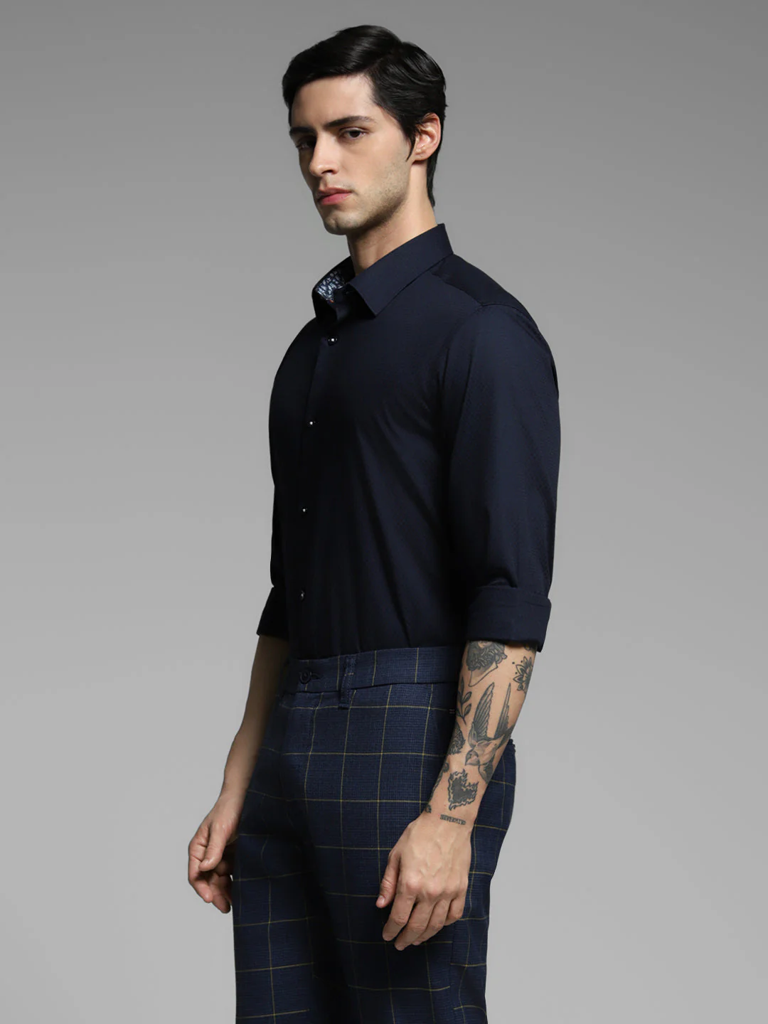 Navy Blue Dobby Cotton Slim Fit Shirt - Image 3