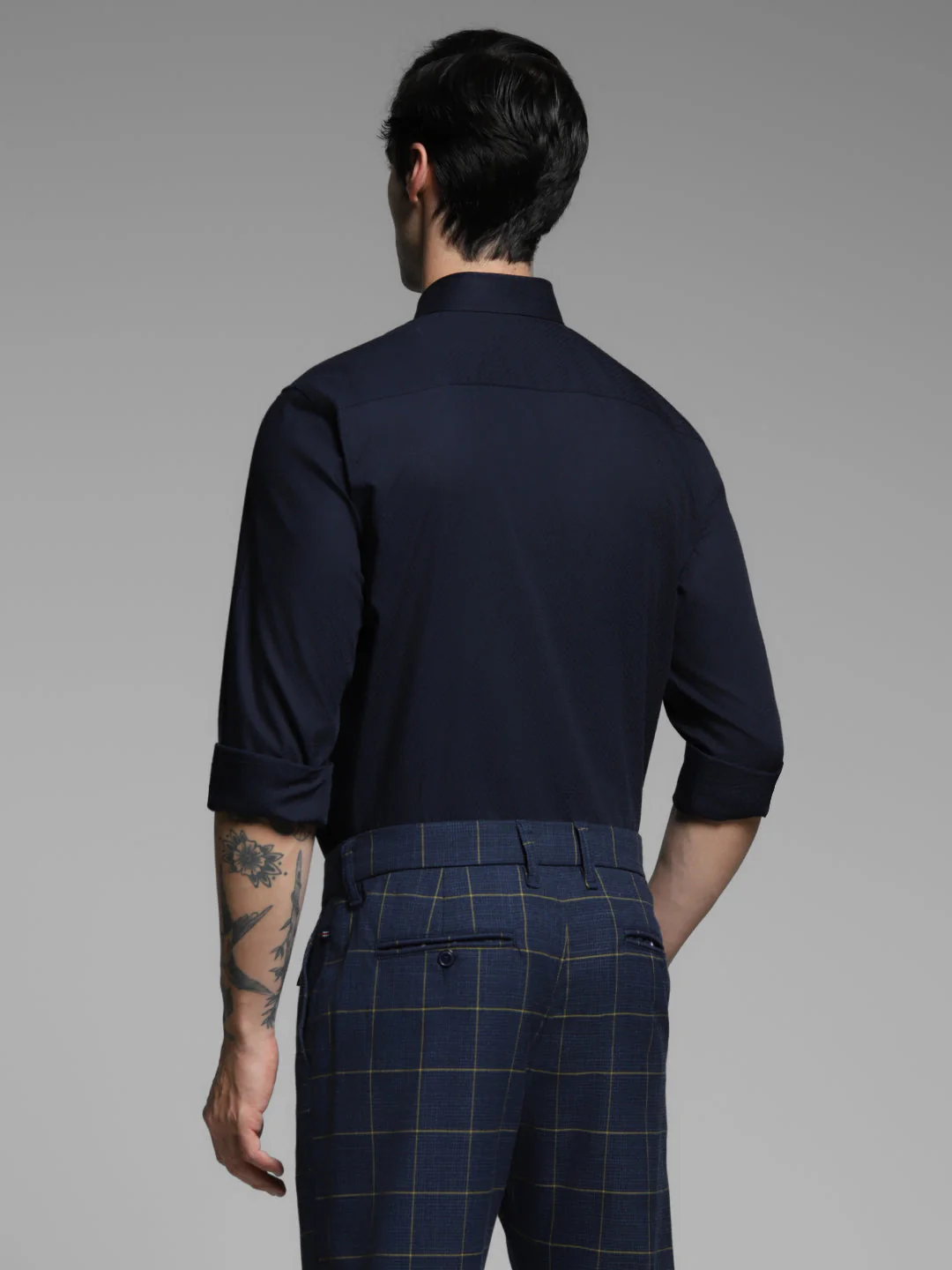 Navy Blue Dobby Cotton Slim Fit Shirt - Image 4