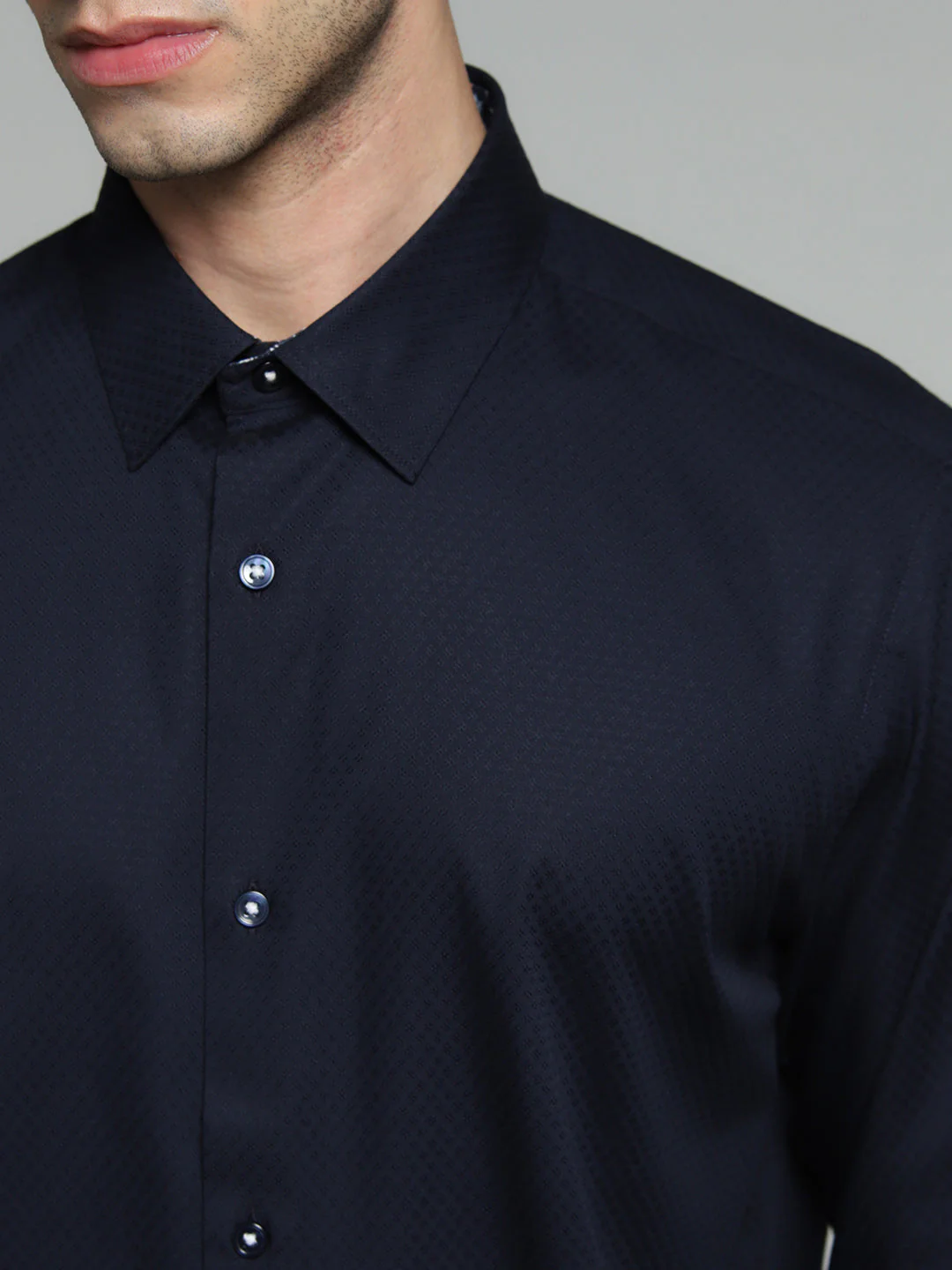 Navy Blue Dobby Cotton Slim Fit Shirt - Image 5