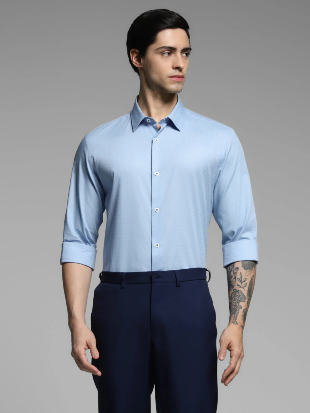 Light Blue Dobby Cotton Slim Fit Shirt - Image 2