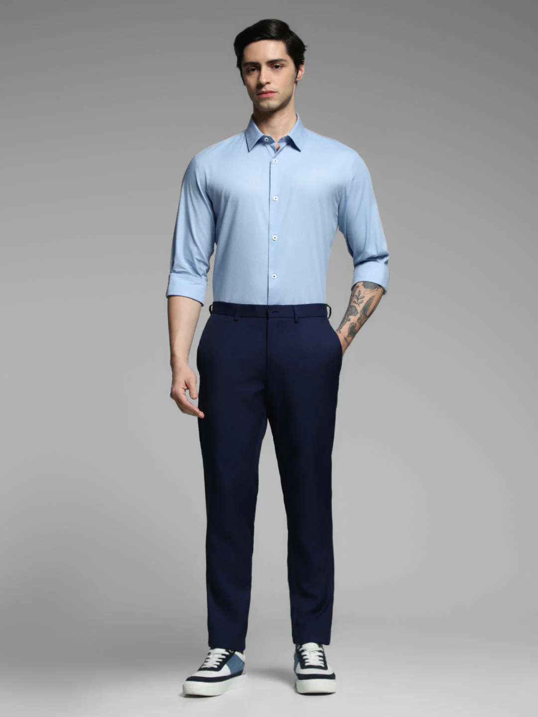 Light Blue Dobby Cotton Slim Fit Shirt - Image 6