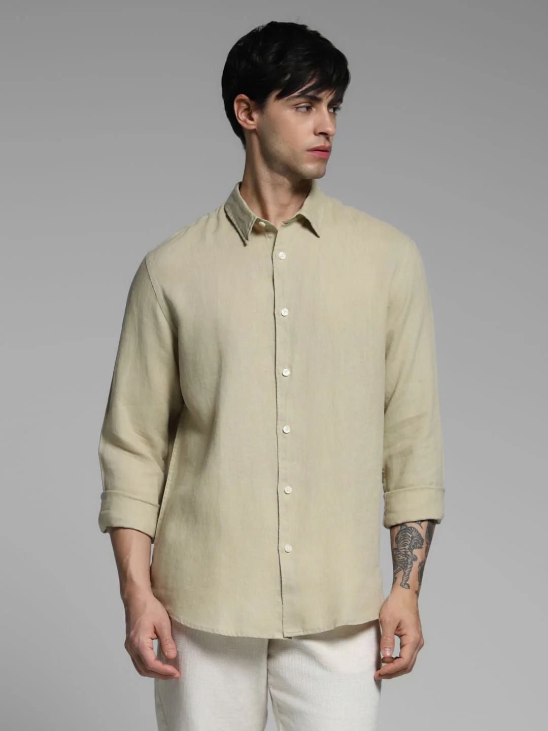 Beige Linen Full Sleeves Shirt - Image 2