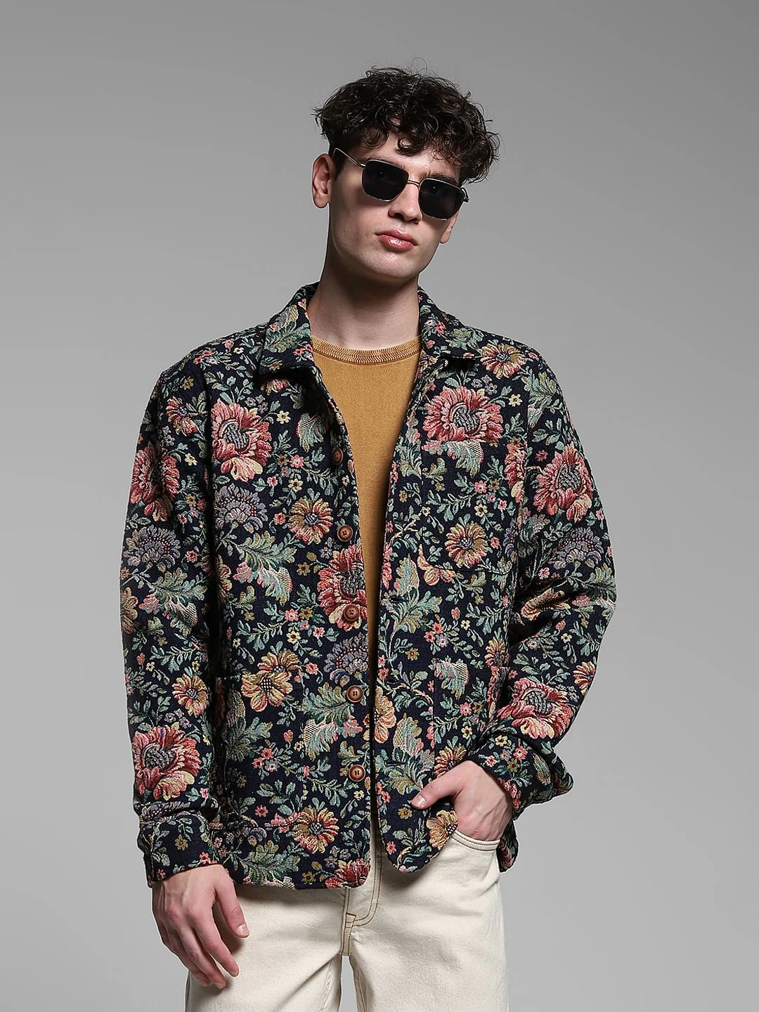 Brown Floral Jacquard Oversized Shirt