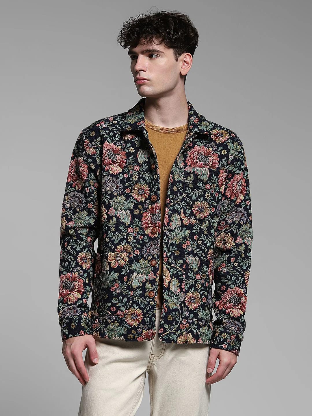 Brown Floral Jacquard Oversized Shirt - Image 2