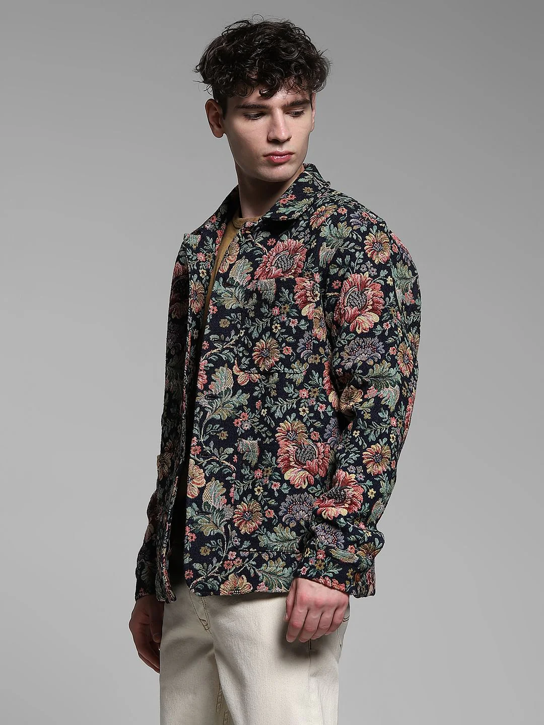 Brown Floral Jacquard Oversized Shirt - Image 3
