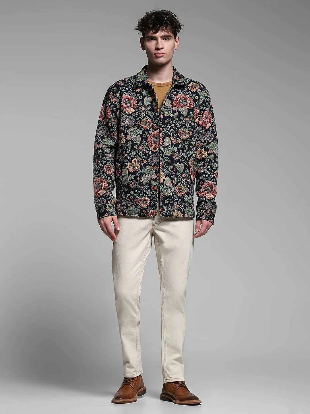 Brown Floral Jacquard Oversized Shirt - Image 6