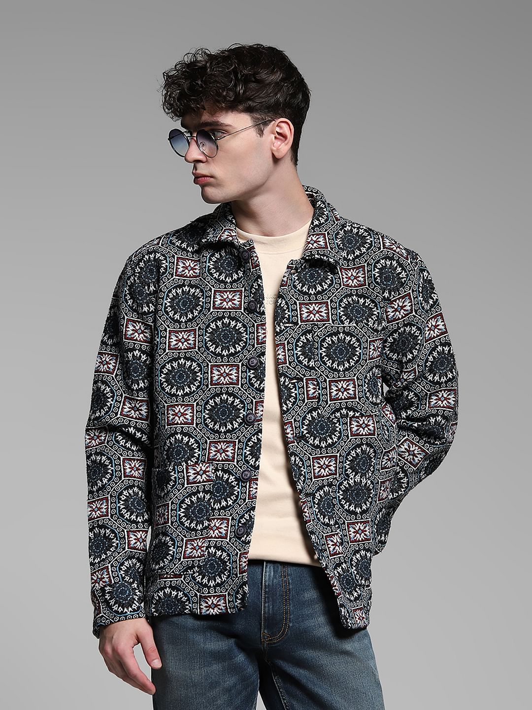 Black Printed Jacquard Oversized Shirt