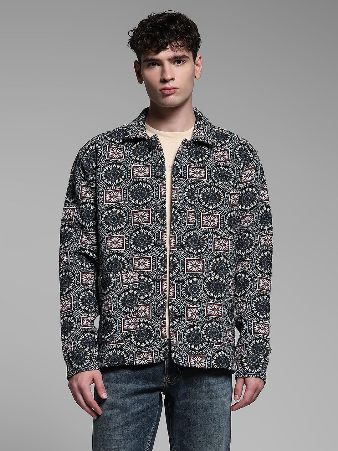 Black Printed Jacquard Oversized Shirt - Image 2
