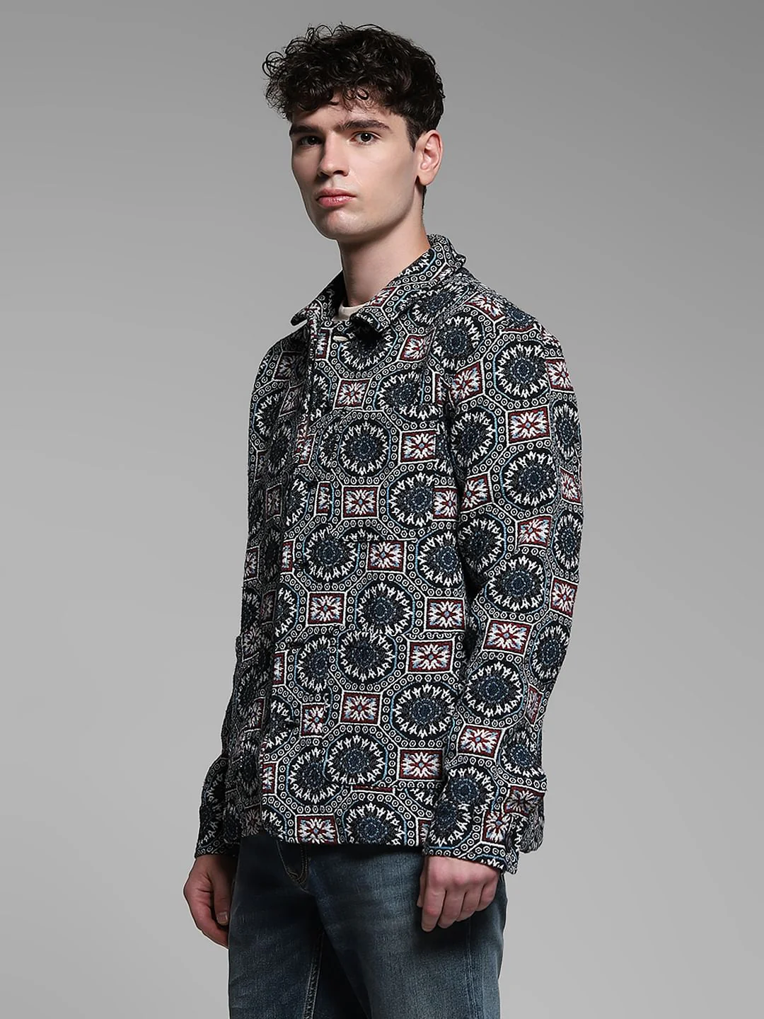 Black Printed Jacquard Oversized Shirt - Image 3