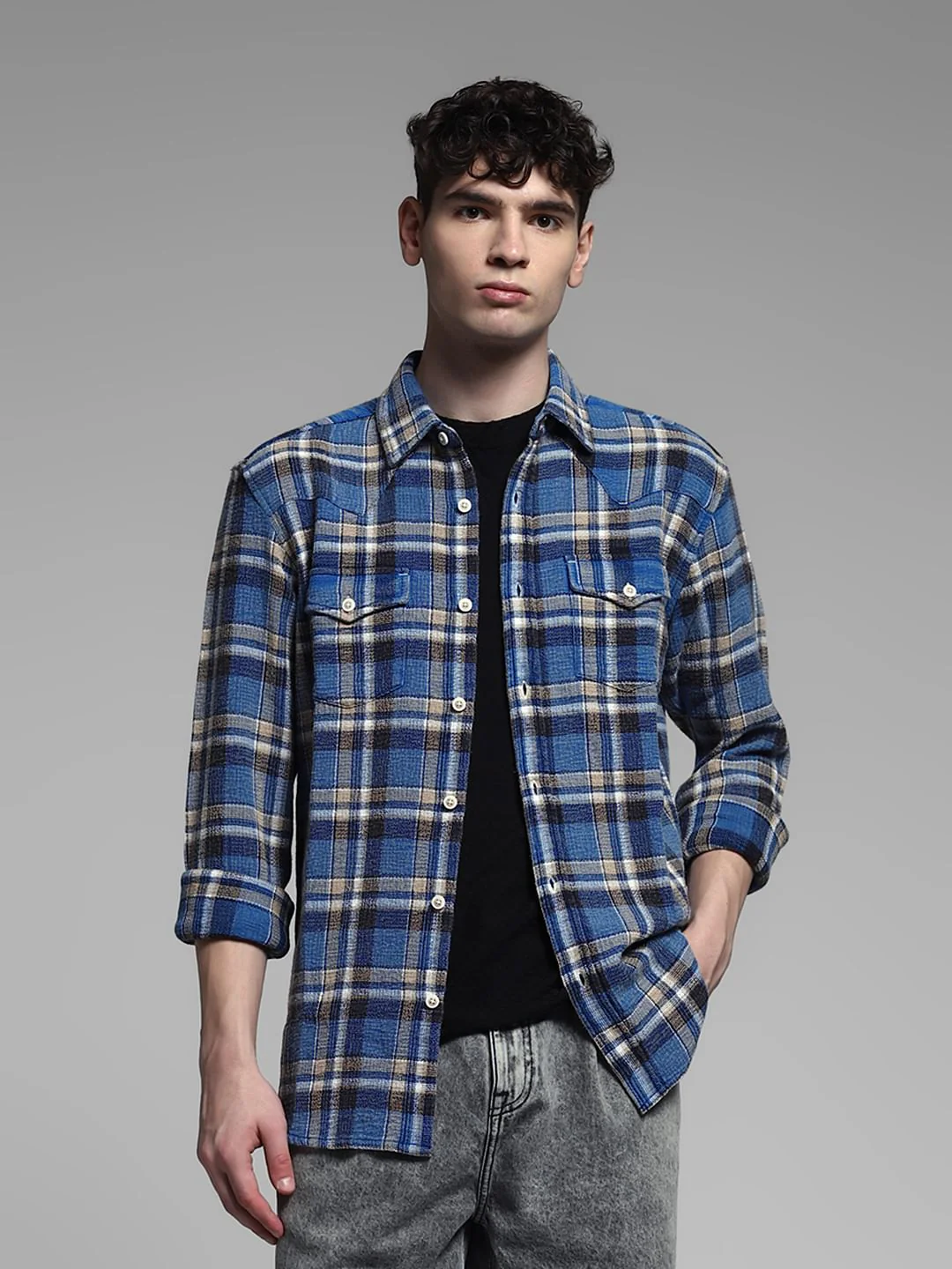 Blue Check Print Cotton Shirt