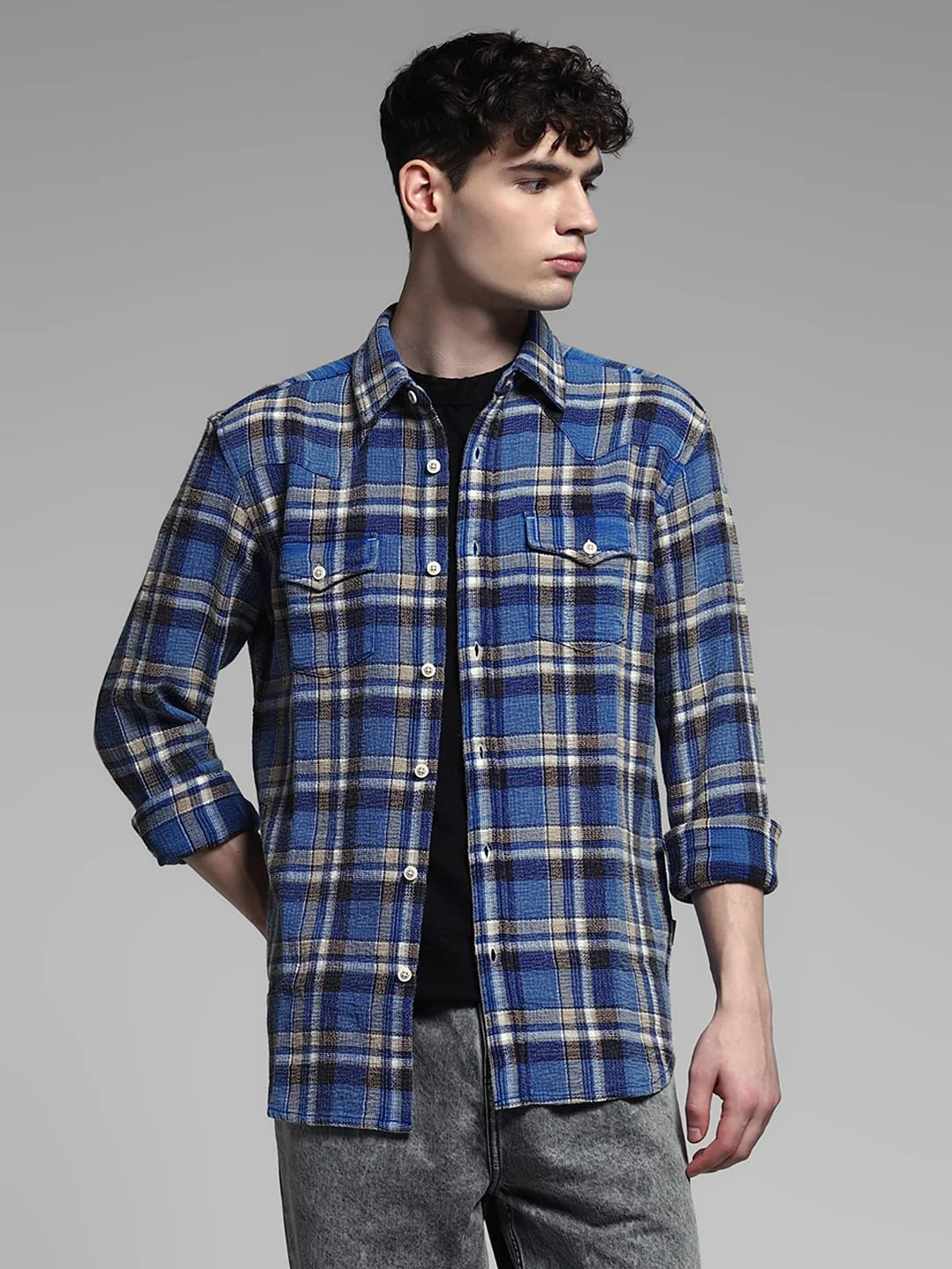 Blue Check Print Cotton Shirt - Image 2