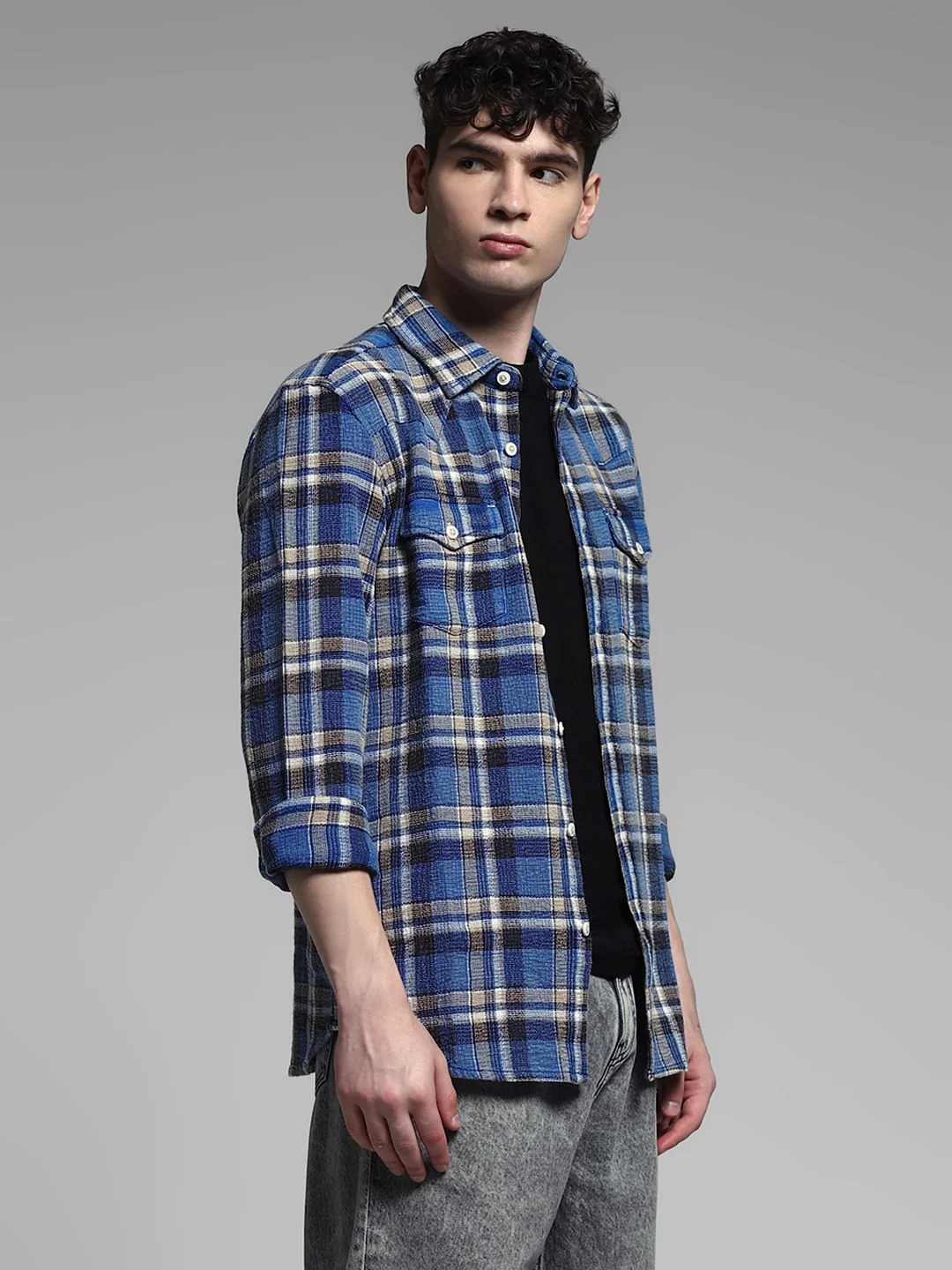 Blue Check Print Cotton Shirt - Image 3