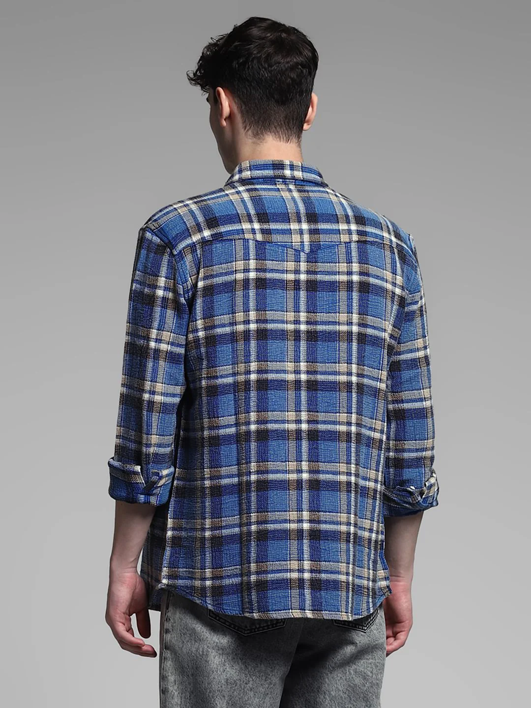 Blue Check Print Cotton Shirt - Image 4