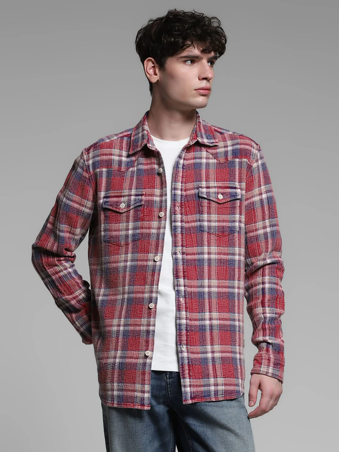 Red Check Print Cotton Shirt - Image 2