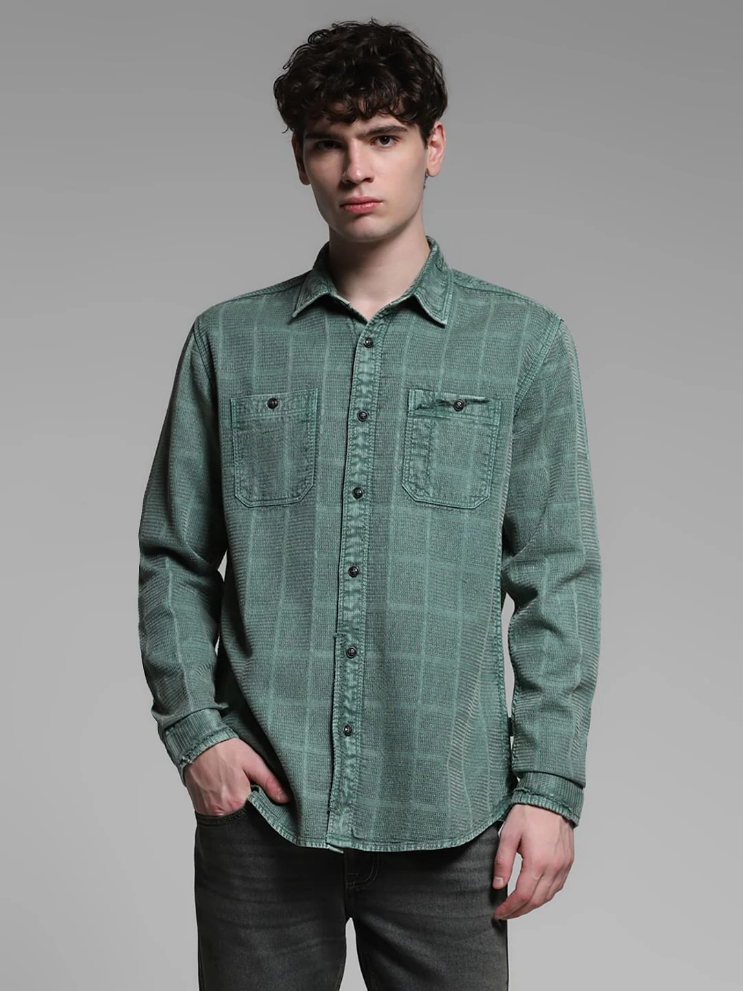 Green Dobby Check Cotton Shirt - Image 2