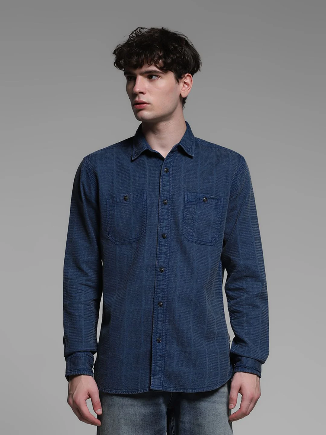 Dark Blue Dobby Check Cotton Shirt