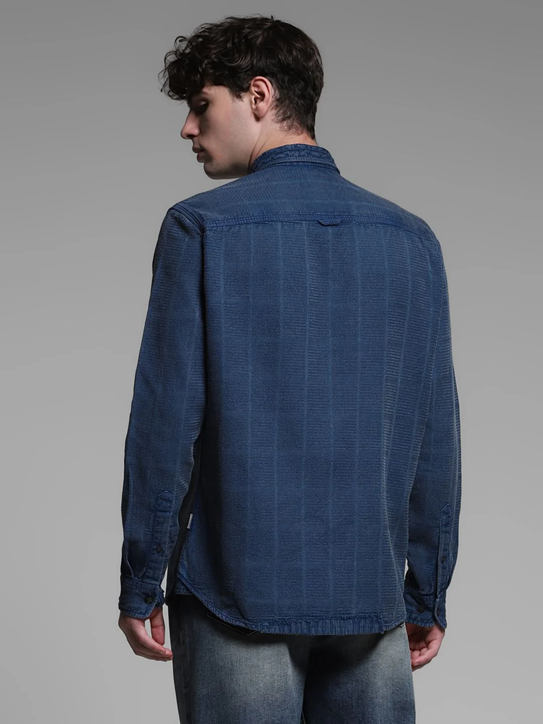 Dark Blue Dobby Check Cotton Shirt - Image 4