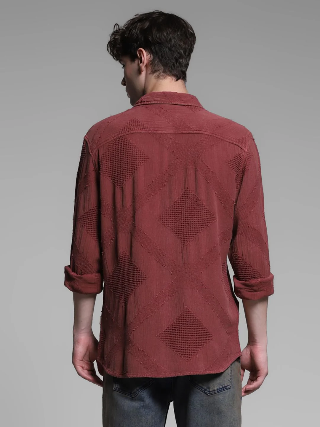 Brick Red Jacquard Cotton Shirt - Image 4