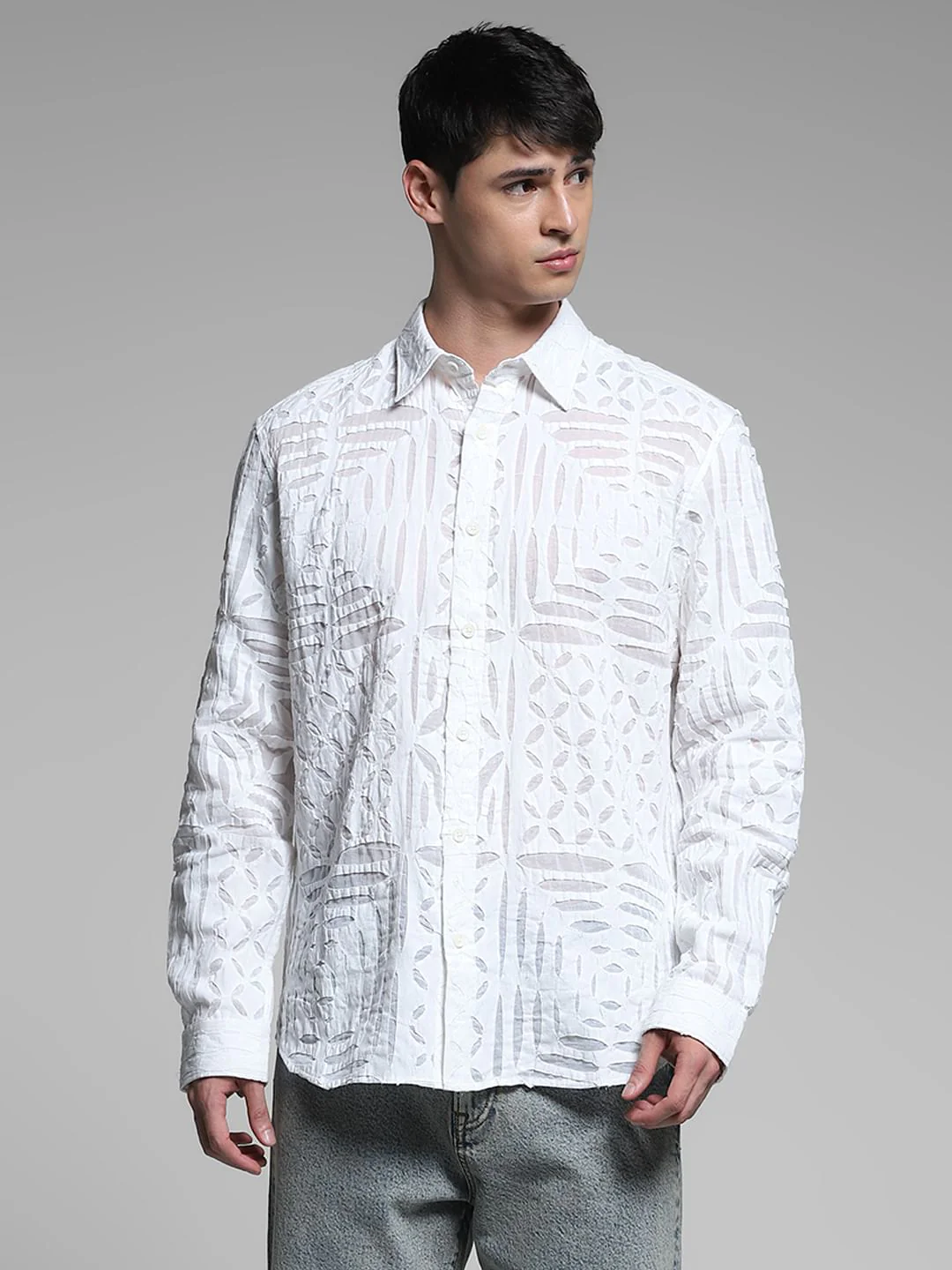 White Abstract Print Cotton Shirt - Image 2