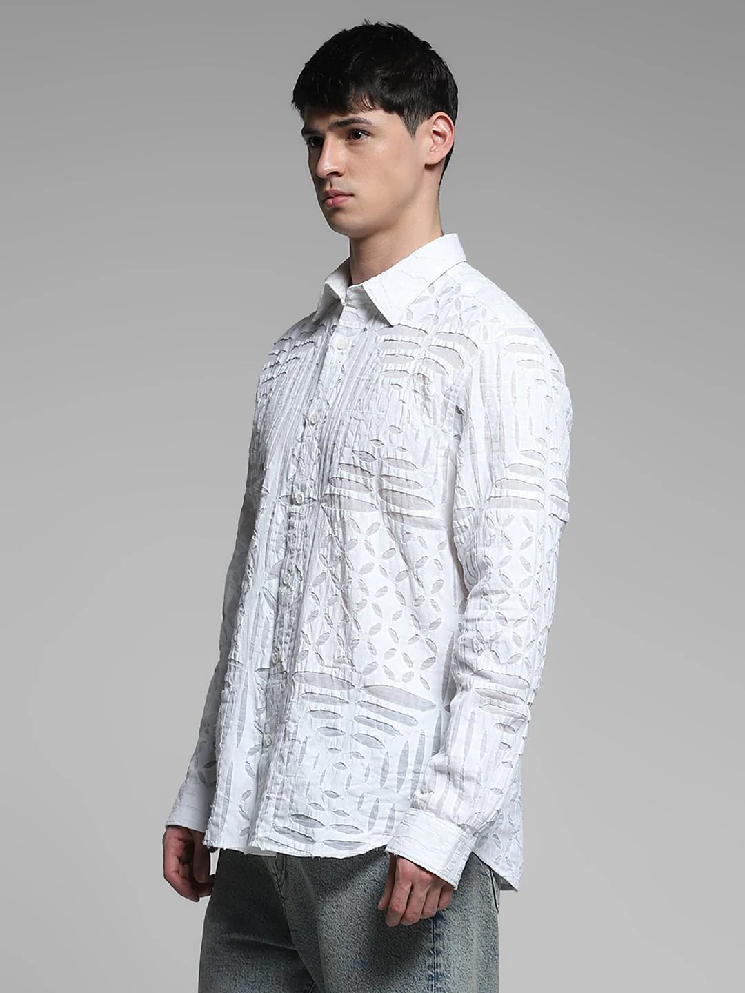 White Abstract Print Cotton Shirt - Image 3
