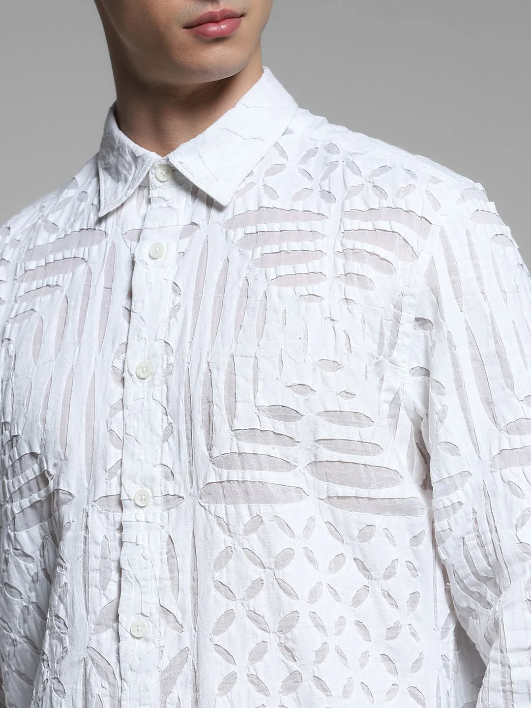 White Abstract Print Cotton Shirt - Image 5