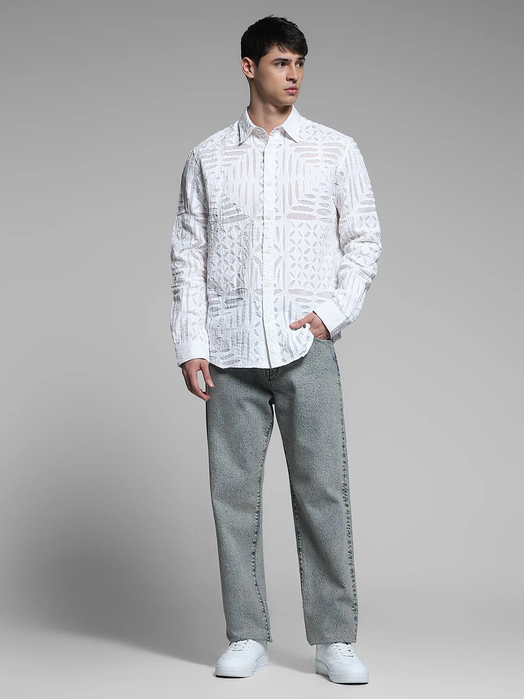 White Abstract Print Cotton Shirt - Image 6