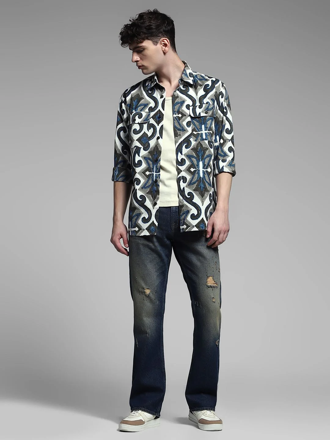 White Abstract Print Shirt - Image 6