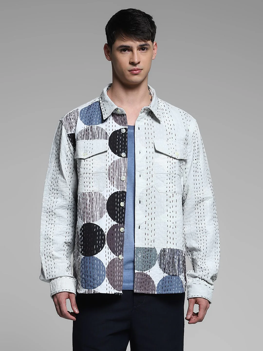 White Abstract Print Cotton Shirt - Image 2