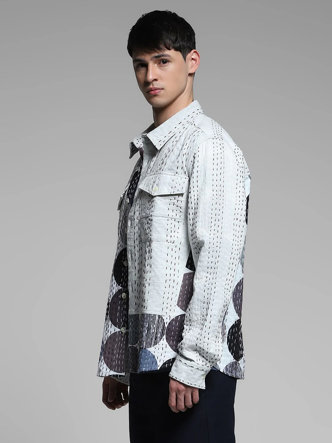 White Abstract Print Cotton Shirt - Image 3