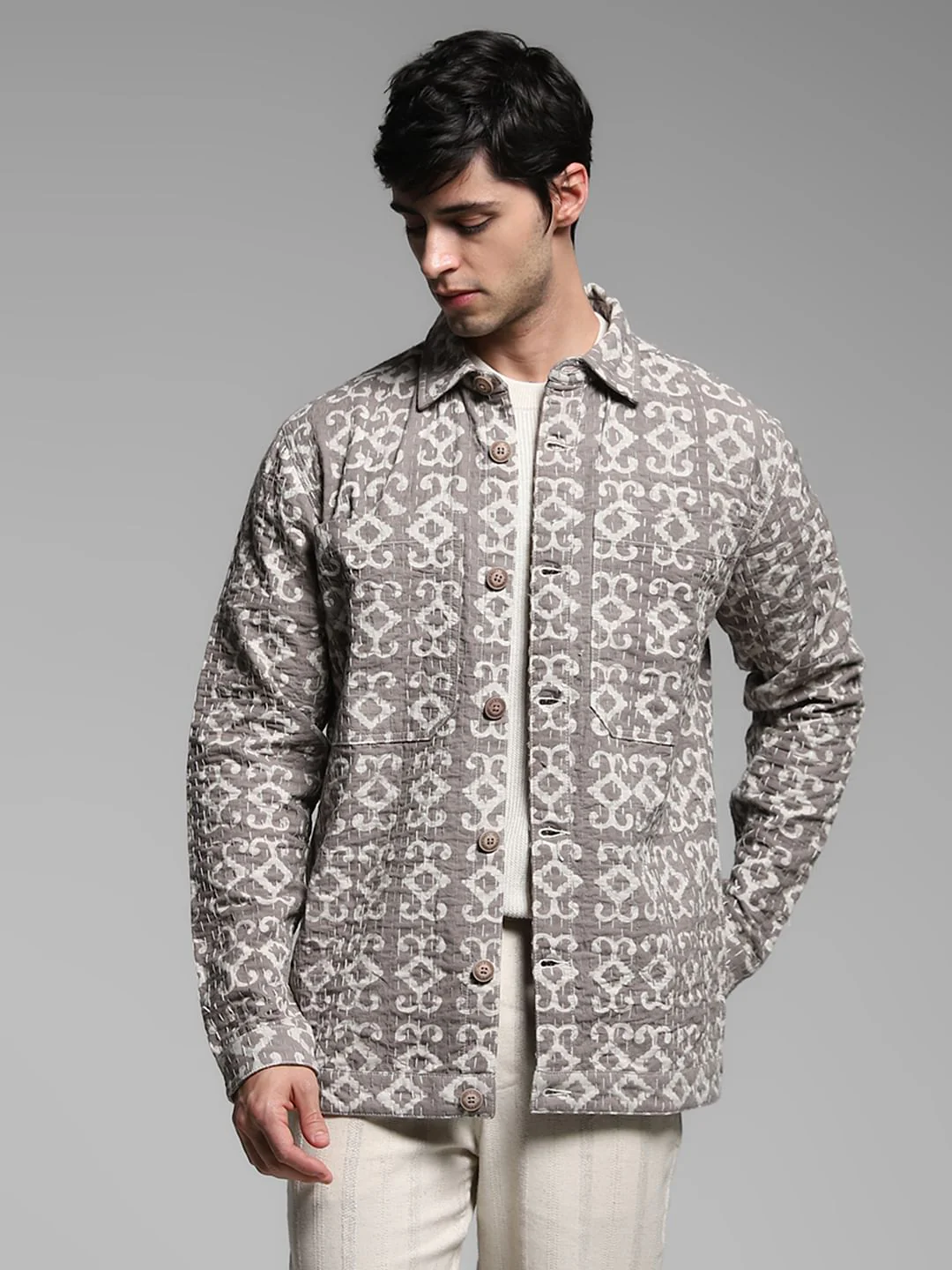 Beige Abstract Artisan Print Jacket - Image 2