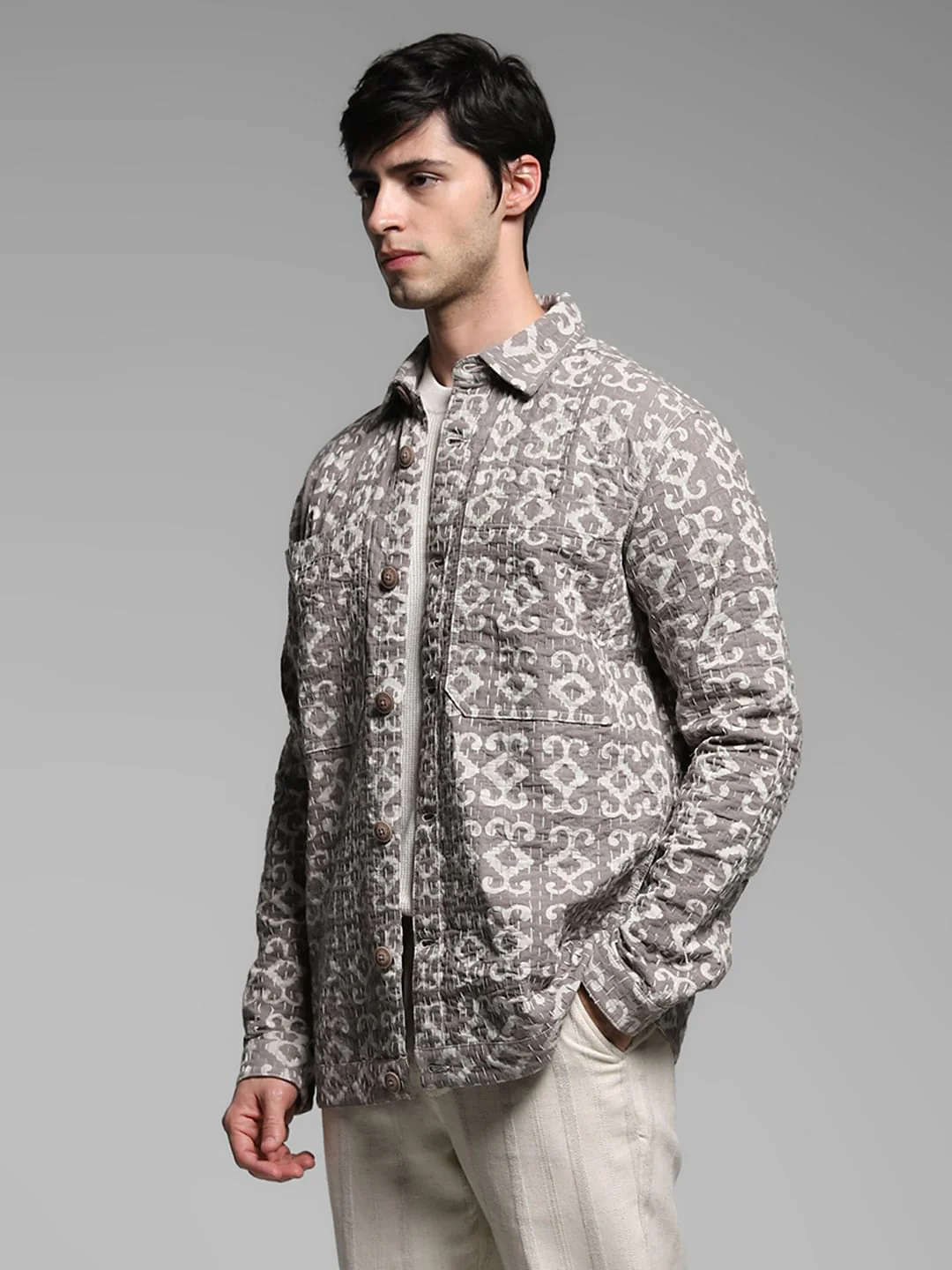 Beige Abstract Artisan Print Jacket - Image 3