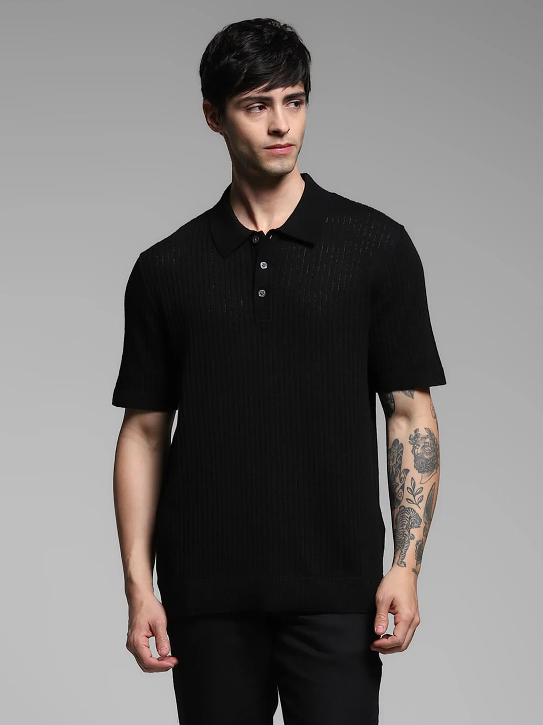 Black Structured Knitted Polo - Image 2