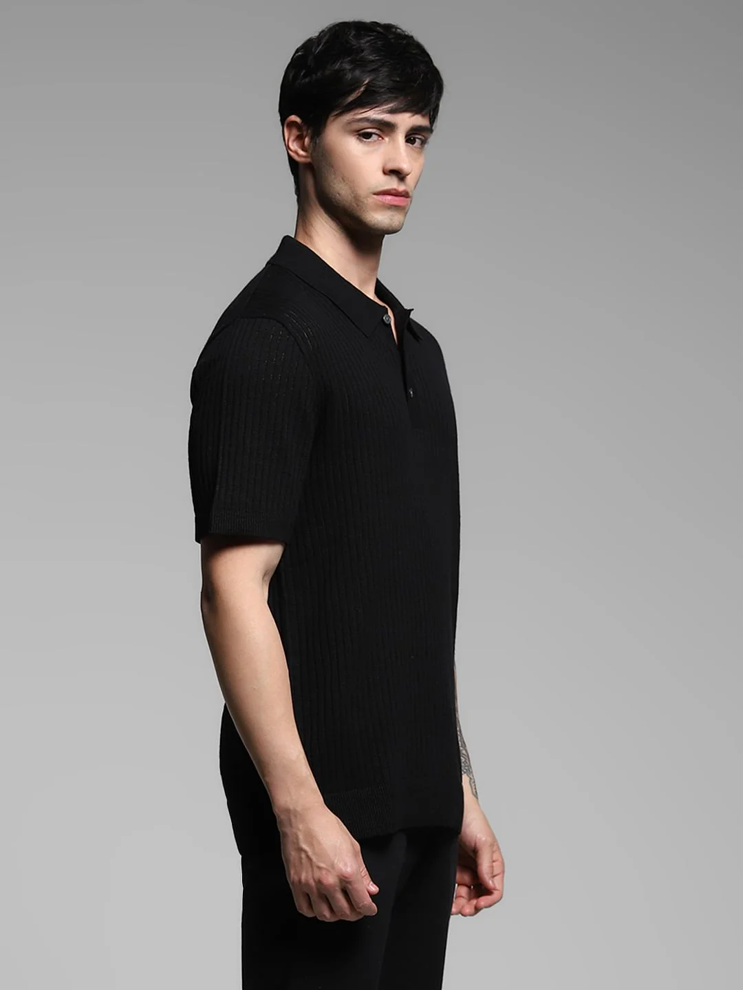 Black Structured Knitted Polo - Image 3