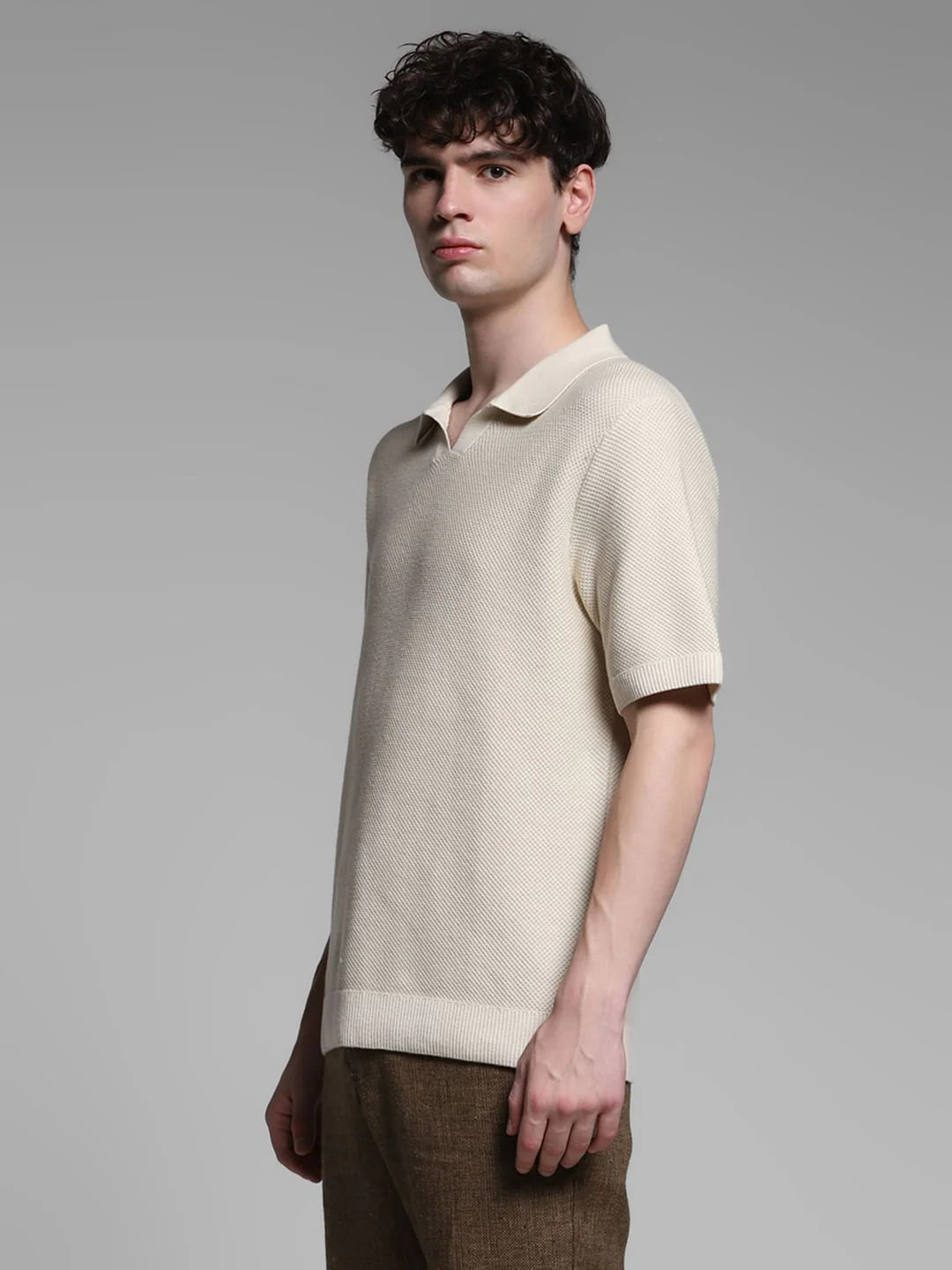 Beige Split Neck Cotton Polo - Image 2